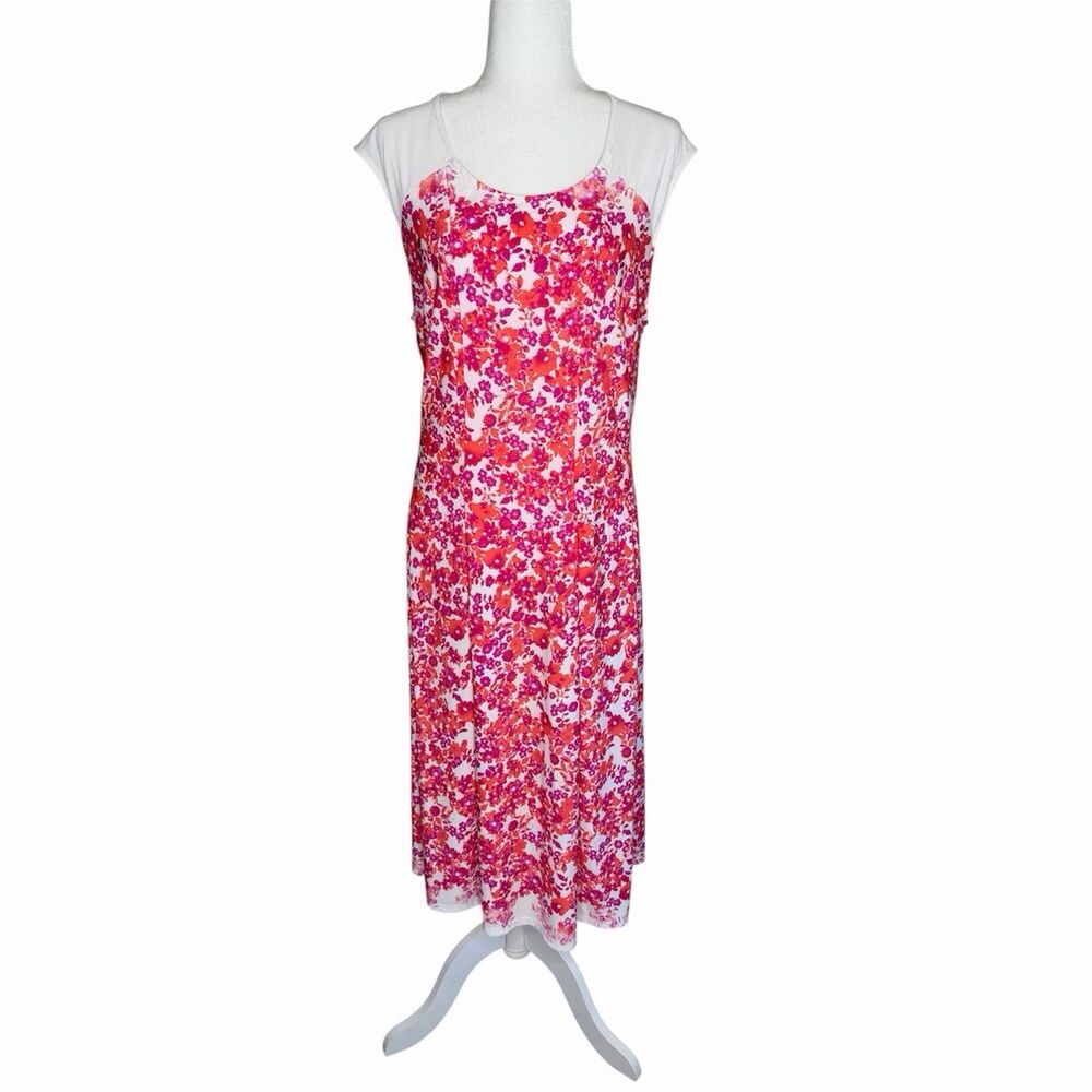 Fresh Of LA Women's Size 2X Pink Floral Dress White Sheer Top Keyhole Back USA